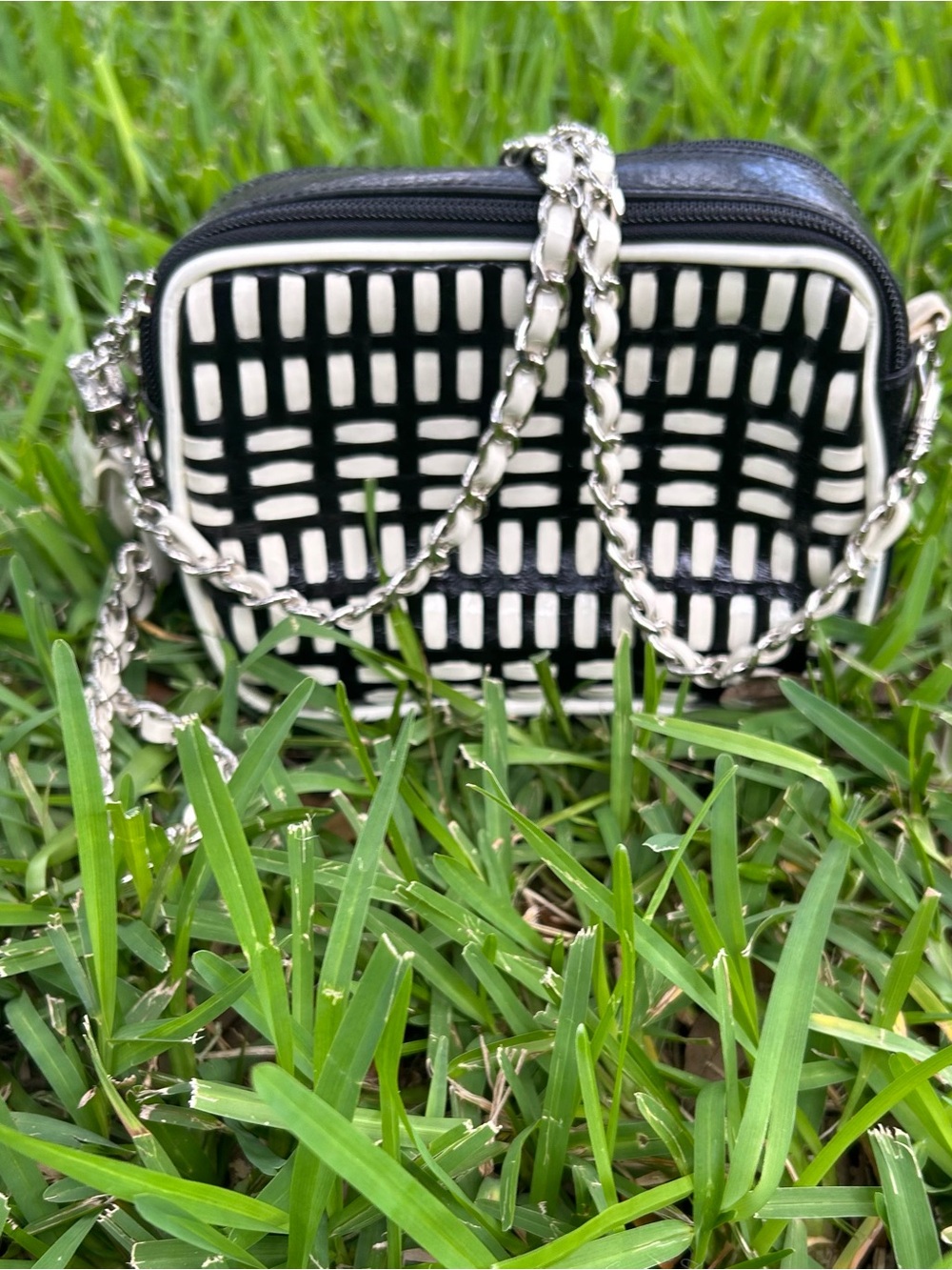 Black & White Patterned Chain Crossbody Leather Bag Made in Italy